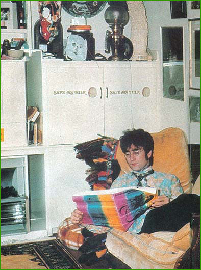 1: John Lennon reads one of the underground papers in the privacy of his sunroom at Kenwood. Reportedly this is where John spent most of his free time when relaxing at home (when he wasn�t upstairs in his recording studio. Note on the cupboard behind him two bumper stickers for Captain Beefheart�s Safe As Milk LP.